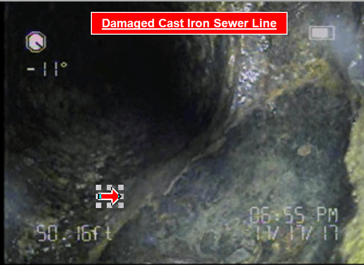 Damaged cast iron sewer line discovered during sewer scan inspection