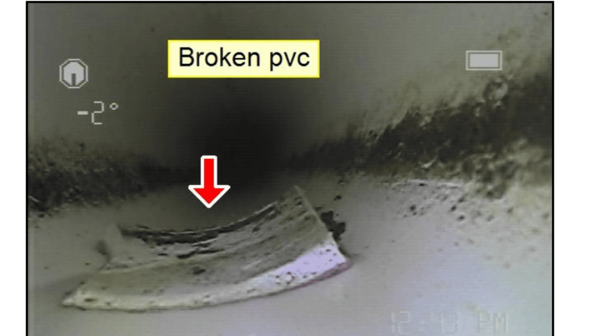 Broken PVC pipe identified during sewer scope inspection
